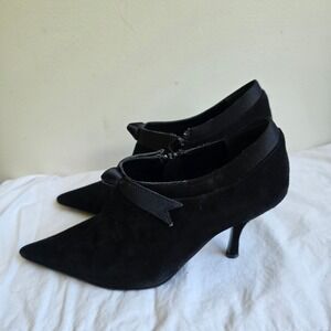 Nina Black Suede Pointed‎ Toe Ankle Booties Satin Bow Shooties Stiletto Heel 7M